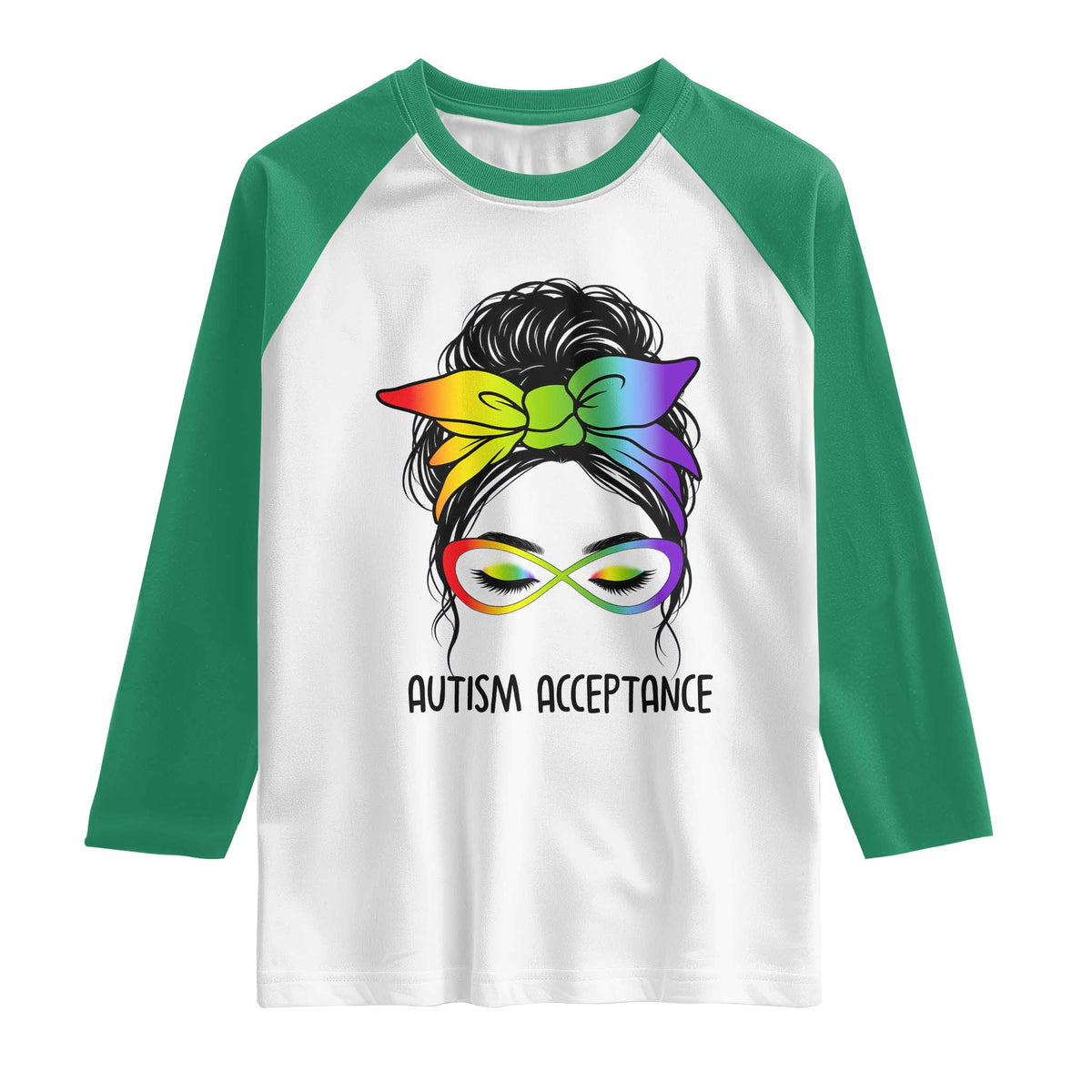Autism Acceptance Raglan Shirt Neurodiversity Awareness Messy Bun Women TS14 White Kelly Green Print Your Wear