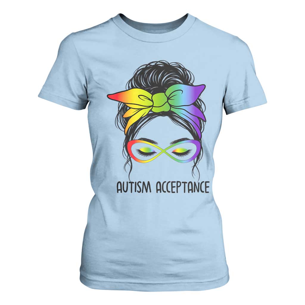 Autism Acceptance T Shirt For Women - Neurodiversity Awareness Messy Bun TS14 Light Blue Print Your Wear