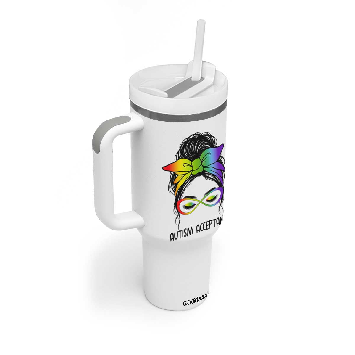 Autism Acceptance Tumbler With Handle Neurodiversity Awareness Messy Bun Women TS14 Print Your Wear