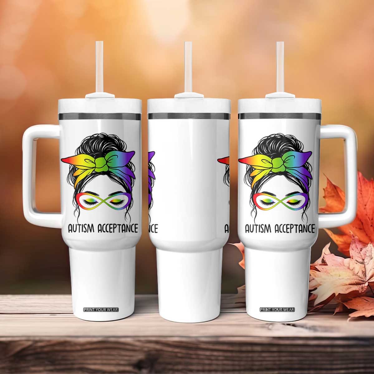 Autism Acceptance Tumbler With Handle Neurodiversity Awareness Messy Bun Women TS14 Print Your Wear