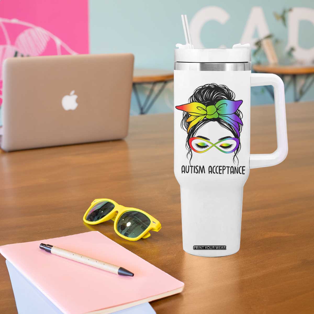 Autism Acceptance Tumbler With Handle Neurodiversity Awareness Messy Bun Women TS14 Print Your Wear