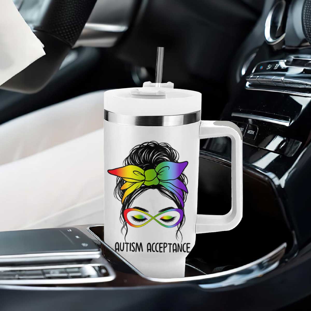 Autism Acceptance Tumbler With Handle Neurodiversity Awareness Messy Bun Women TS14 Print Your Wear