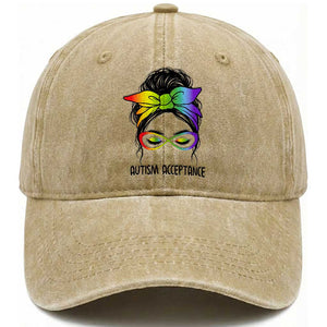 Autism Acceptance Washed Cotton Baseball Cap Neurodiversity Awareness Messy Bun Women TS14 Print Your Wear