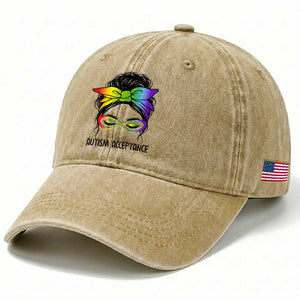 Autism Acceptance Washed Cotton Baseball Cap Neurodiversity Awareness Messy Bun Women TS14 Print Your Wear