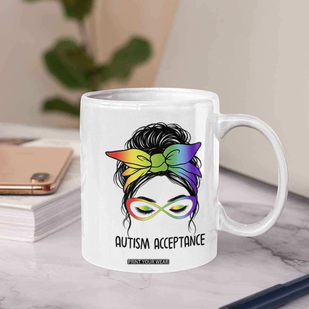 Autism Acceptance Coffee Mug Neurodiversity Awareness Messy Bun Women TS14 Print Your Wear