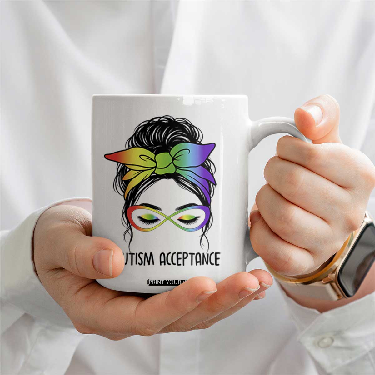 Autism Acceptance Coffee Mug Neurodiversity Awareness Messy Bun Women TS14 Print Your Wear