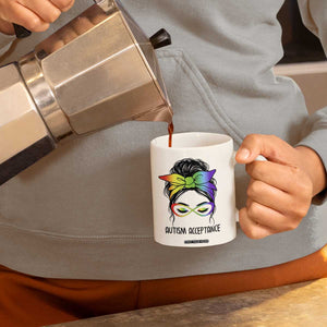Autism Acceptance Coffee Mug Neurodiversity Awareness Messy Bun Women TS14 Print Your Wear