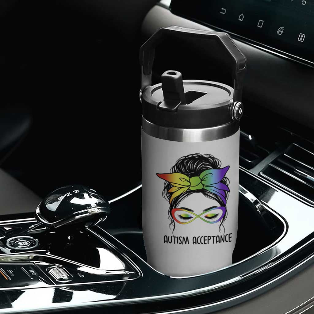 Autism Acceptance Flip Straw Tumbler Neurodiversity Awareness Messy Bun Women TS14 Print Your Wear