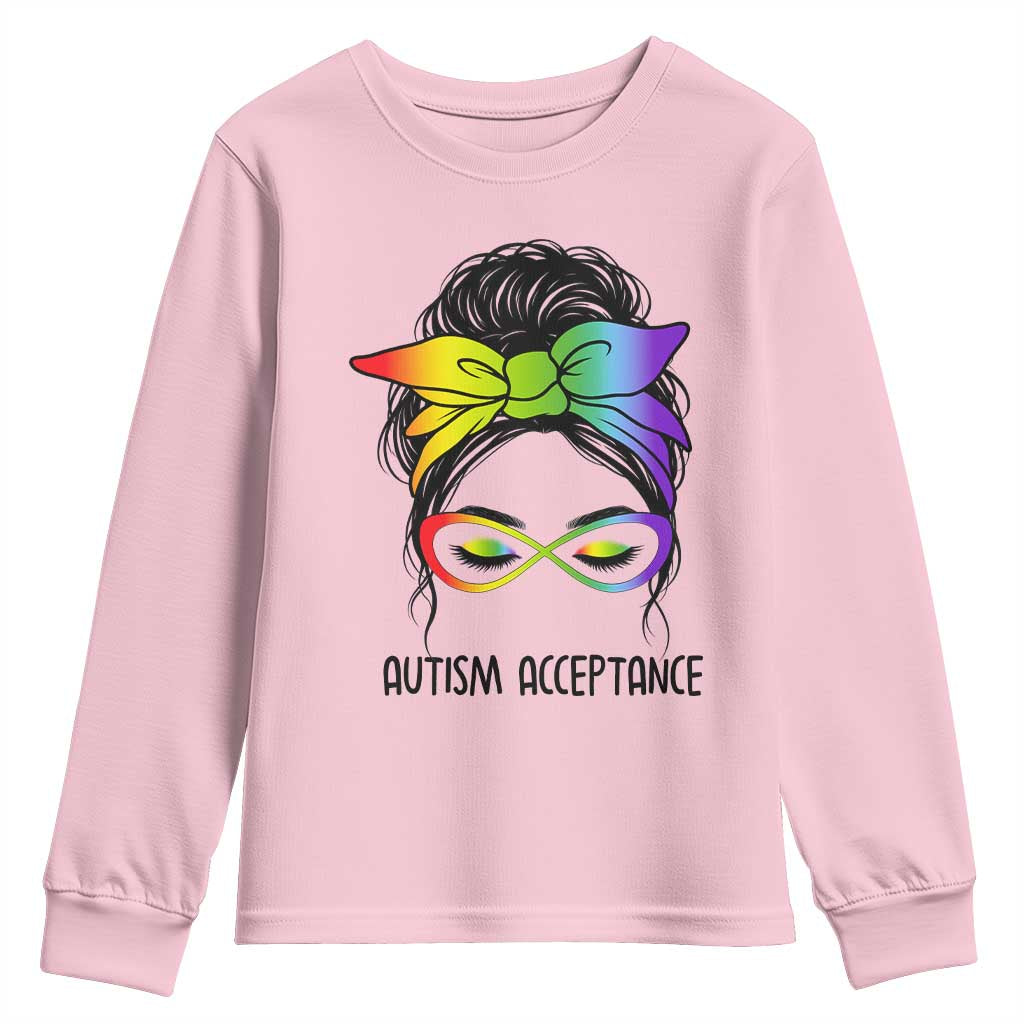 Autism Acceptance Youth Sweatshirt - Neurodiversity Awareness Messy Bun Women TS14 Light Pink Print Your Wear