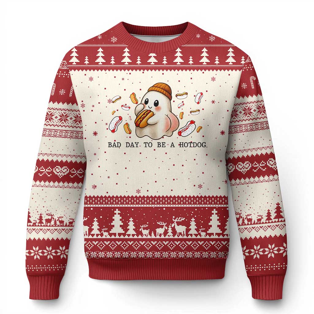 Funny Hot Dog Ghost Halloween Ugly Christmas Sweater Bad Day To Be A Hotdog TS14 Beige Red Print Your Wear