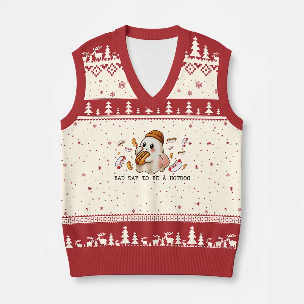 Funny Hot Dog Ghost Halloween V-Neck Knit Sweater Vest Bad Day To Be A Hotdog TS14 Beige Red Print Your Wear