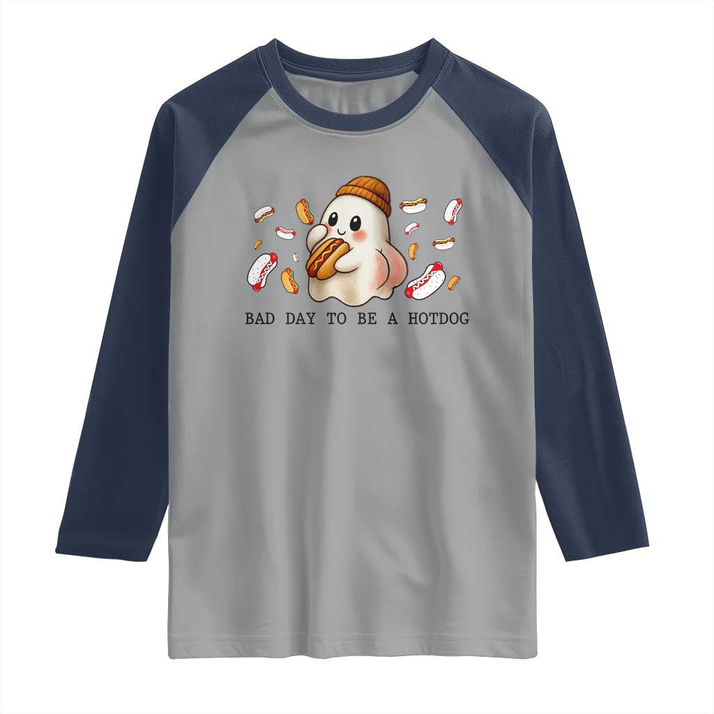 Funny Hot Dog Ghost Halloween Raglan Shirt Bad Day To Be A Hotdog TS14 Sport Gray Navy Print Your Wear