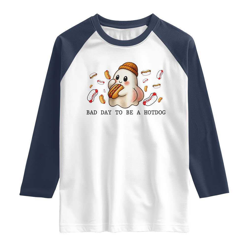 Funny Hot Dog Ghost Halloween Raglan Shirt Bad Day To Be A Hotdog TS14 White Navy Print Your Wear
