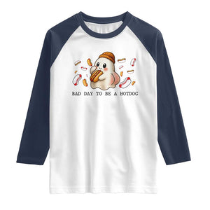 Funny Hot Dog Ghost Halloween Raglan Shirt Bad Day To Be A Hotdog TS14 White Navy Print Your Wear