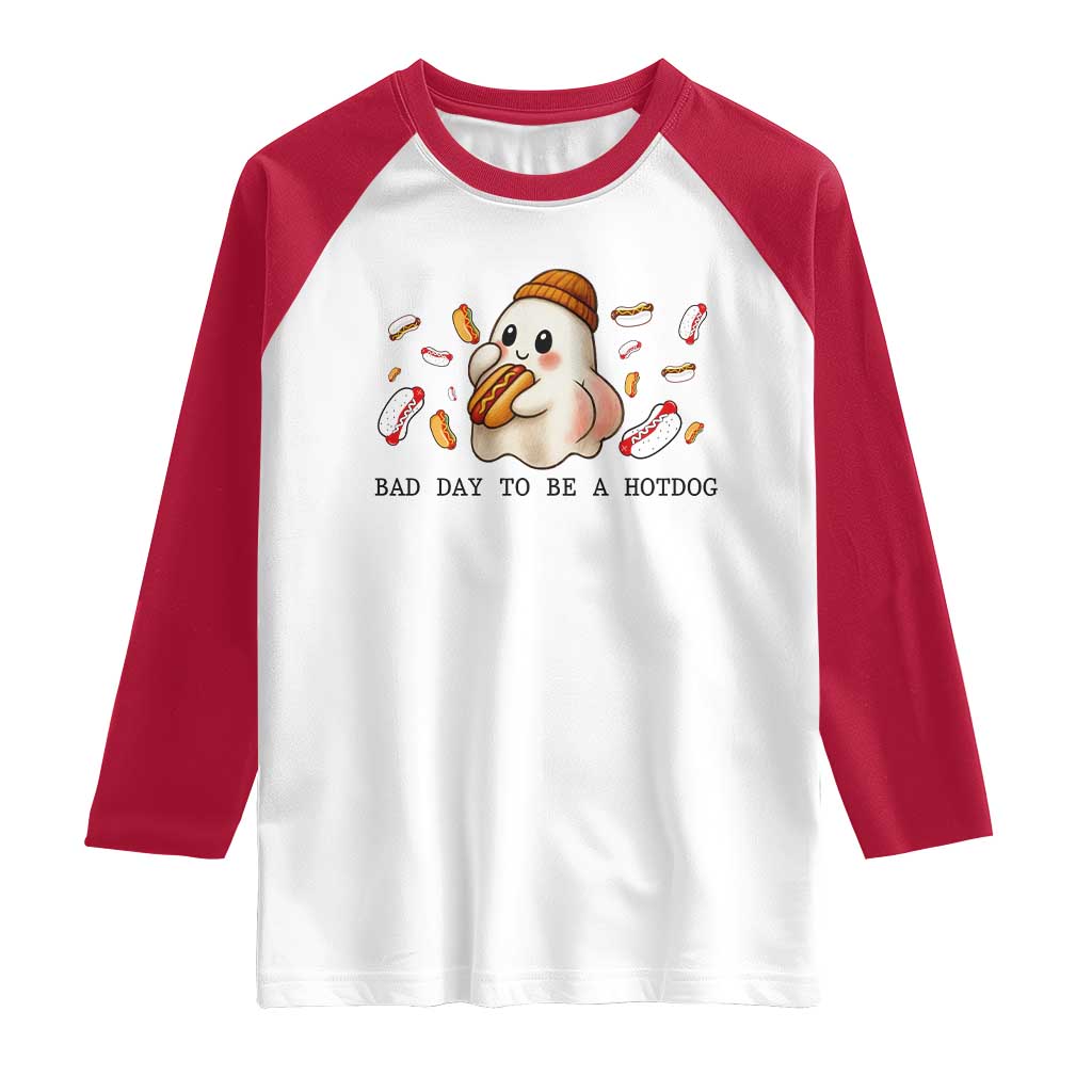 Funny Hot Dog Ghost Halloween Raglan Shirt Bad Day To Be A Hotdog TS14 White Red Print Your Wear