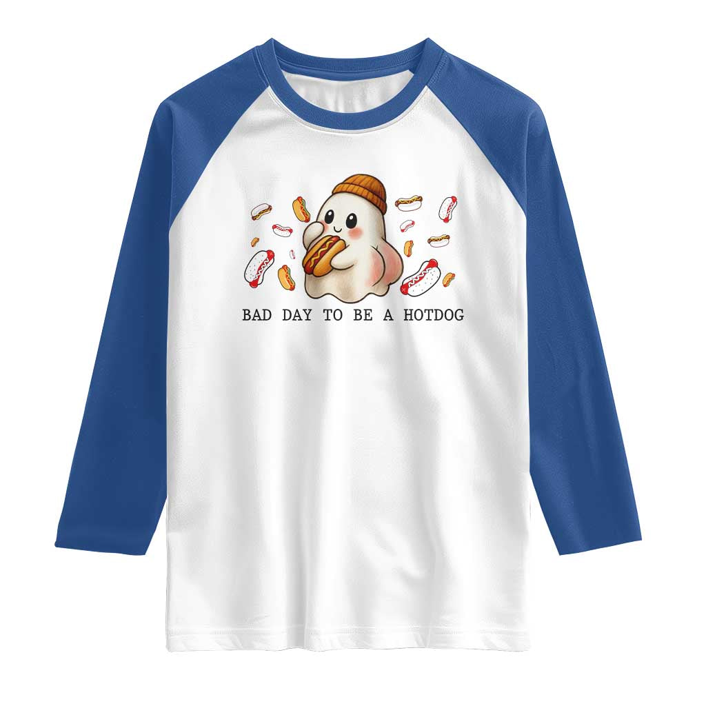 Funny Hot Dog Ghost Halloween Raglan Shirt Bad Day To Be A Hotdog TS14 White Royal Print Your Wear