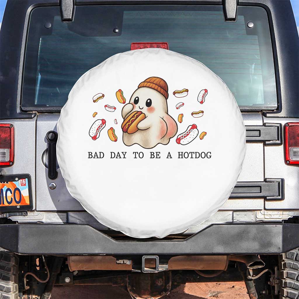 Funny Hot Dog Ghost Halloween Spare Tire Cover Bad Day To Be A Hotdog TS14 No hole White Print Your Wear