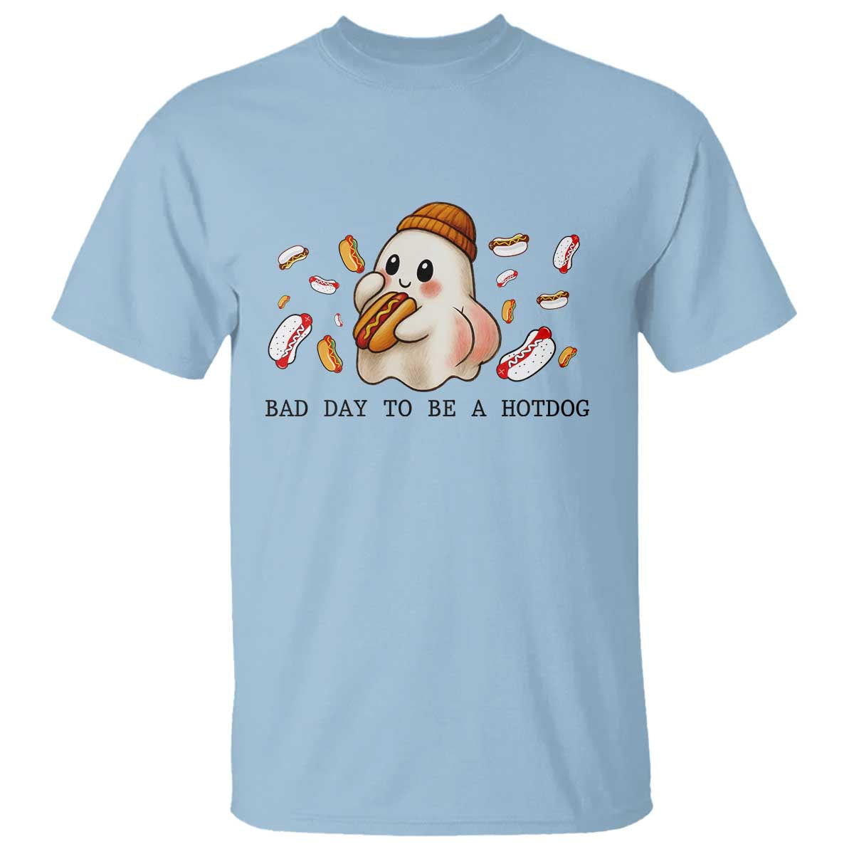 Funny Hot Dog Ghost Halloween T Shirt Bad Day To Be A Hotdog TS14 Light Blue Print Your Wear
