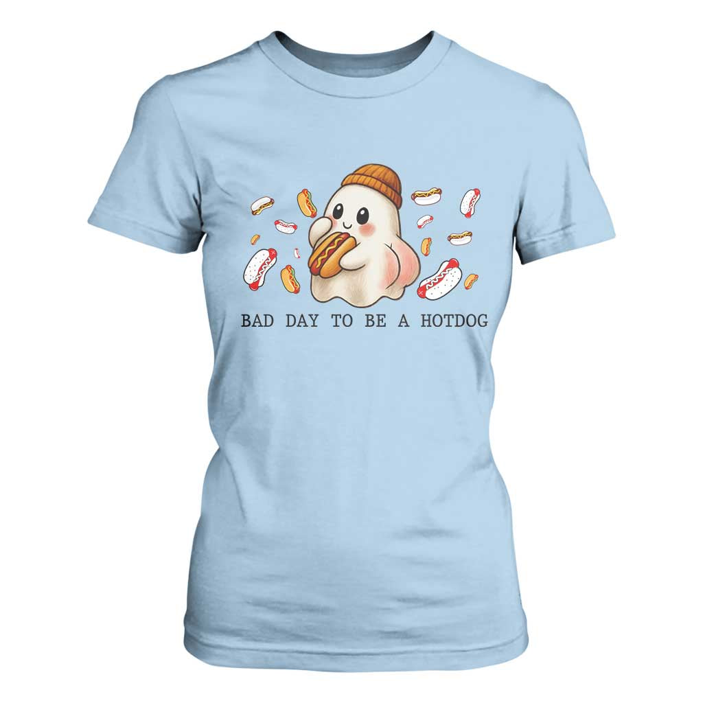 Funny Hot Dog Ghost Halloween T Shirt For Women Bad Day To Be A Hotdog TS14 Light Blue Print Your Wear