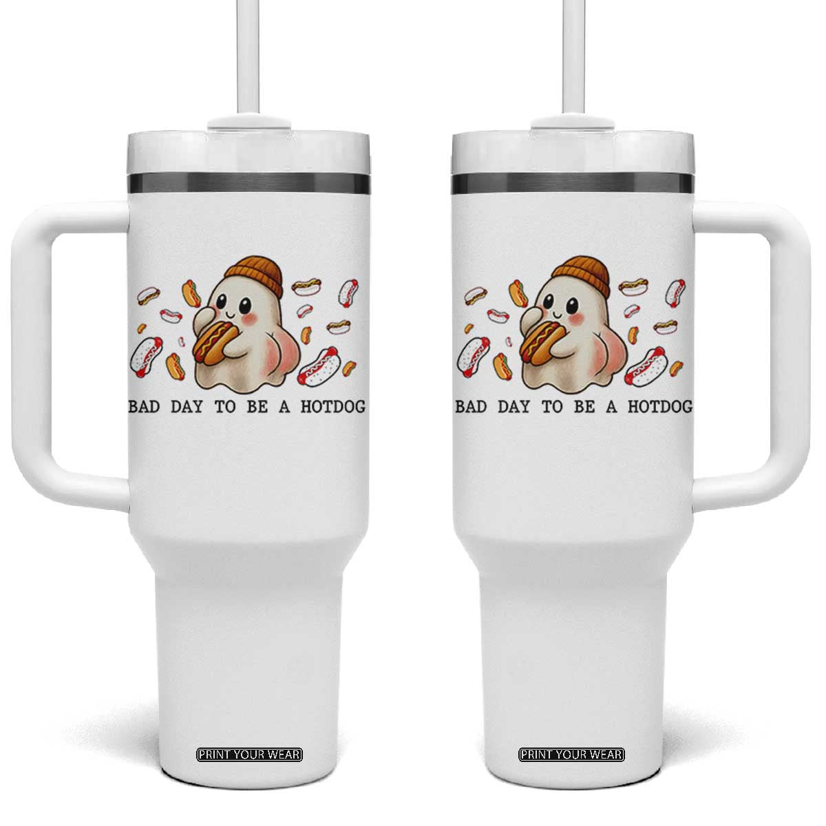 Funny Hot Dog Ghost Halloween Tumbler With Handle Bad Day To Be A Hotdog TS14 One Size: 40 oz White Print Your Wear