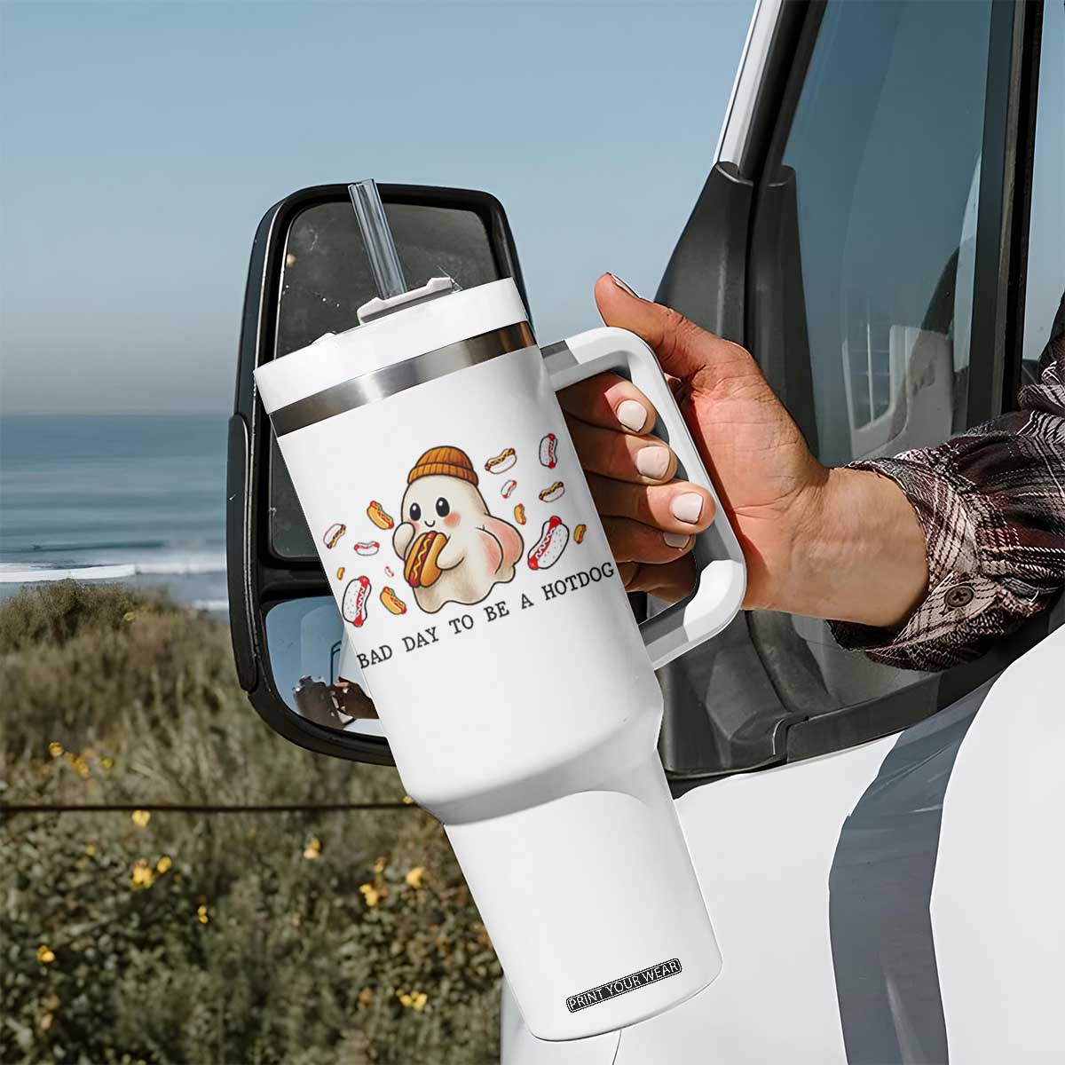 Funny Hot Dog Ghost Halloween Tumbler With Handle Bad Day To Be A Hotdog - Print Your Wear