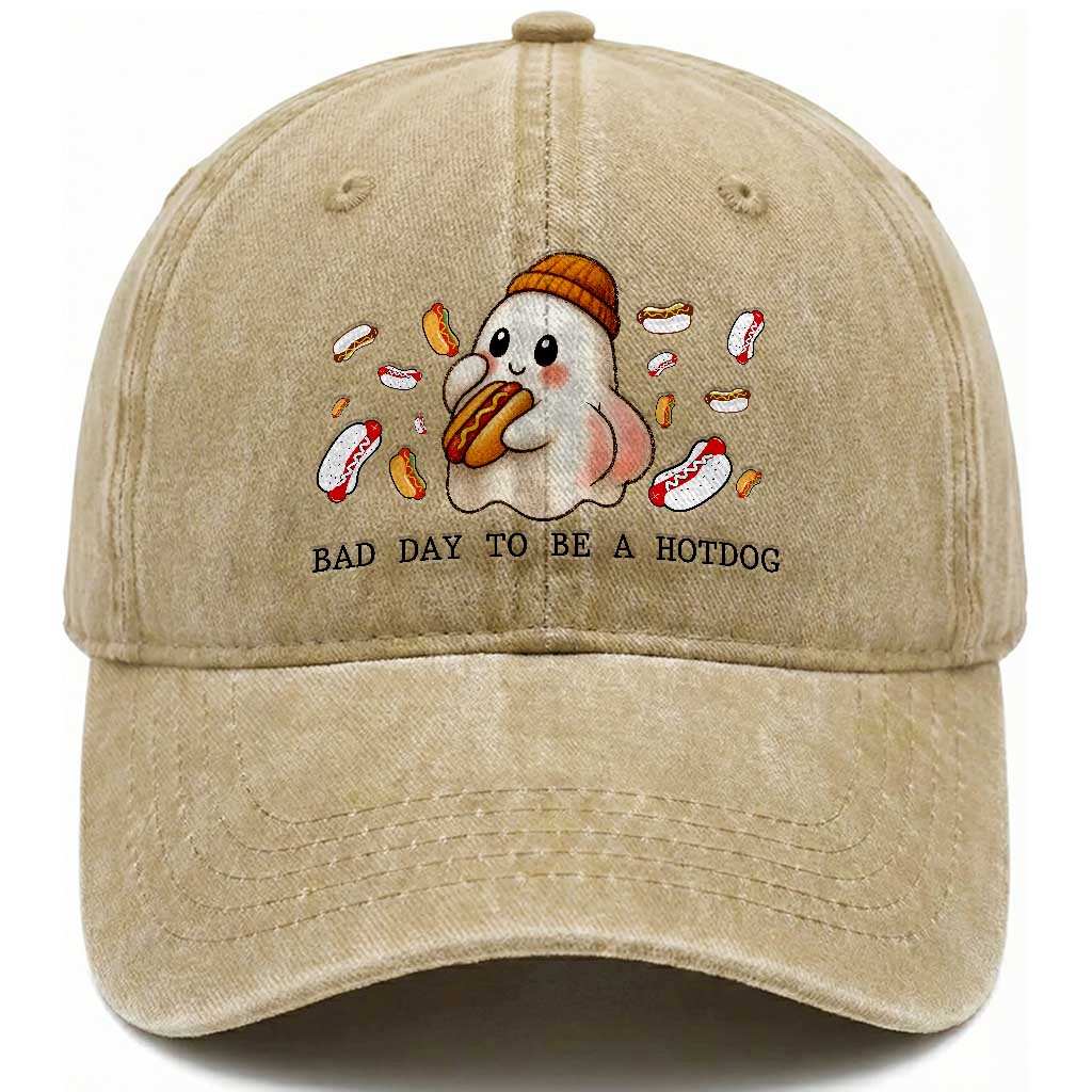 Funny Hot Dog Ghost Halloween Washed Cotton Baseball Cap Bad Day To Be A Hotdog TS14 Washed Cap Universal Fit Khaki Print Your Wear