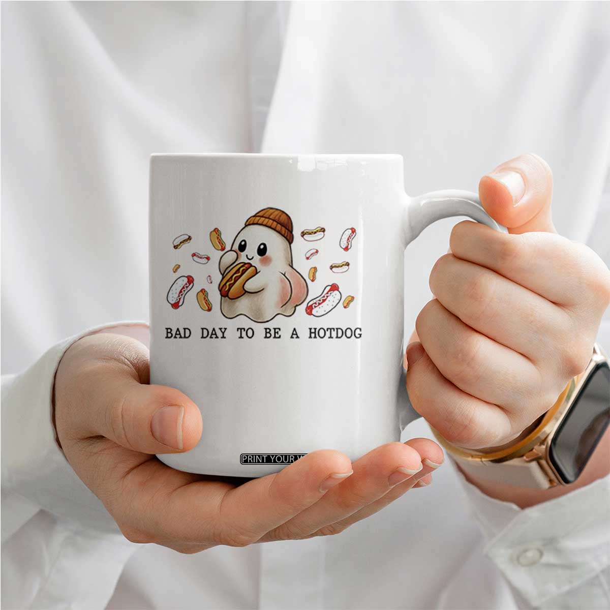 Funny Hot Dog Ghost Halloween Coffee Mug Bad Day To Be A Hotdog TS14 Print Your Wear
