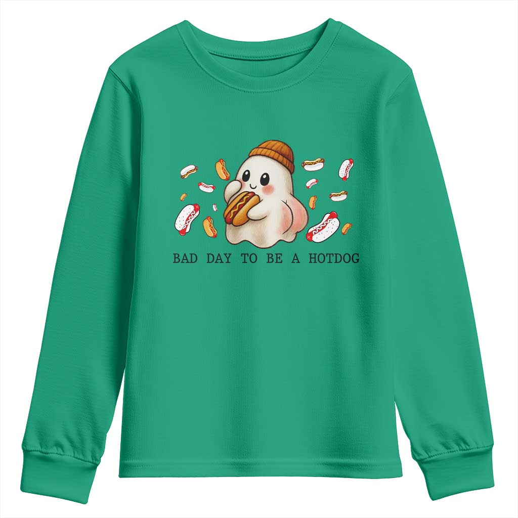 Funny Hot Dog Ghost Halloween Youth Sweatshirt Bad Day To Be A Hotdog TS14 Irish Green Print Your Wear