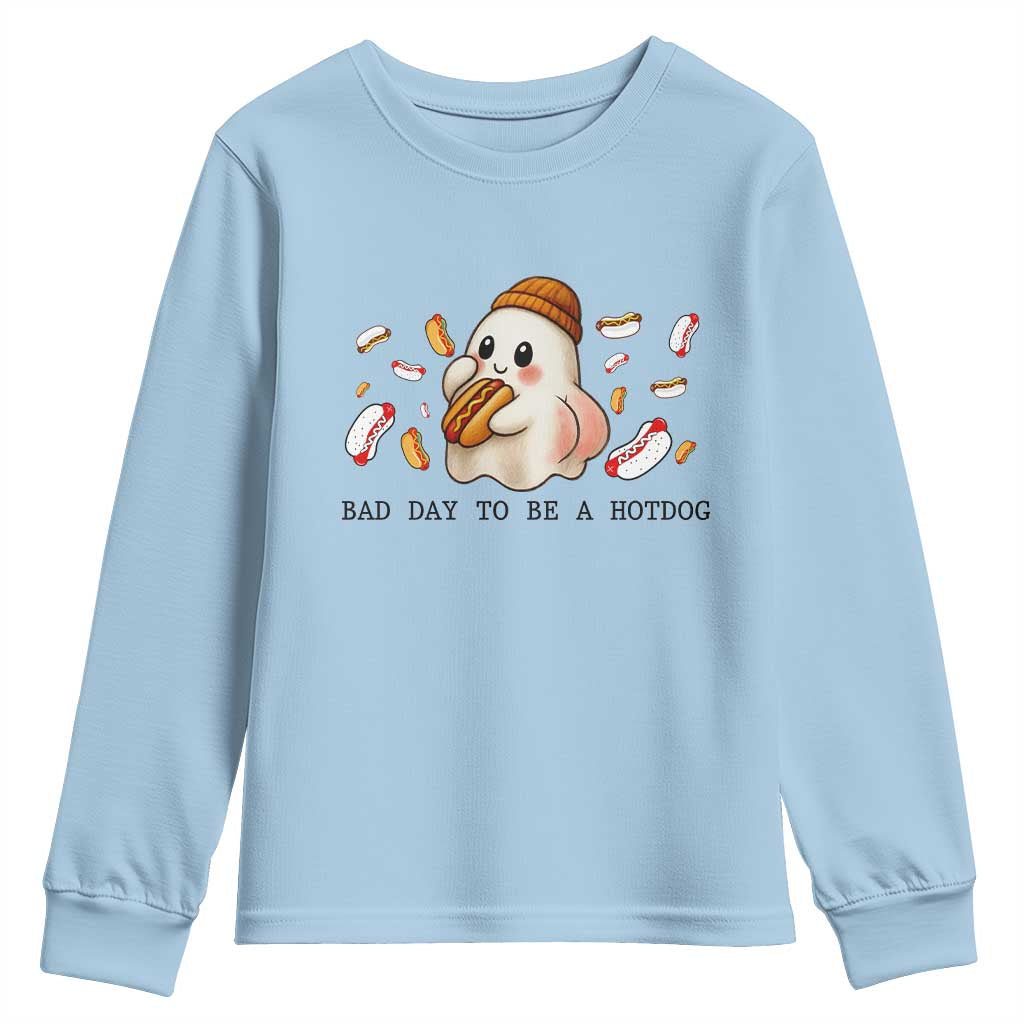 Funny Hot Dog Ghost Halloween Youth Sweatshirt Bad Day To Be A Hotdog TS14 Light Blue Print Your Wear