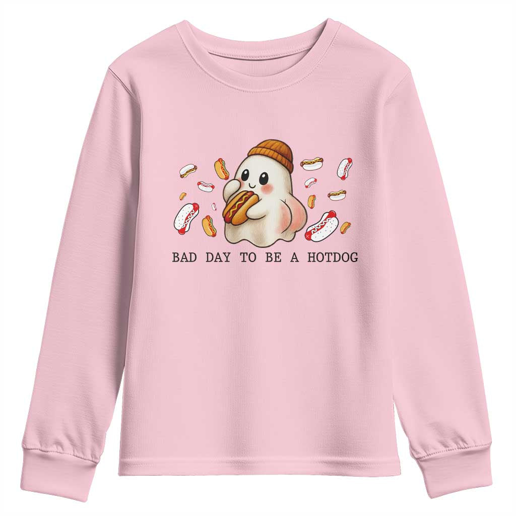 Funny Hot Dog Ghost Halloween Youth Sweatshirt Bad Day To Be A Hotdog TS14 Light Pink Print Your Wear