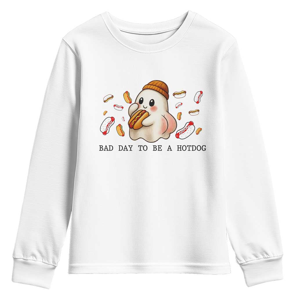 Funny Hot Dog Ghost Halloween Youth Sweatshirt Bad Day To Be A Hotdog TS14 White Print Your Wear