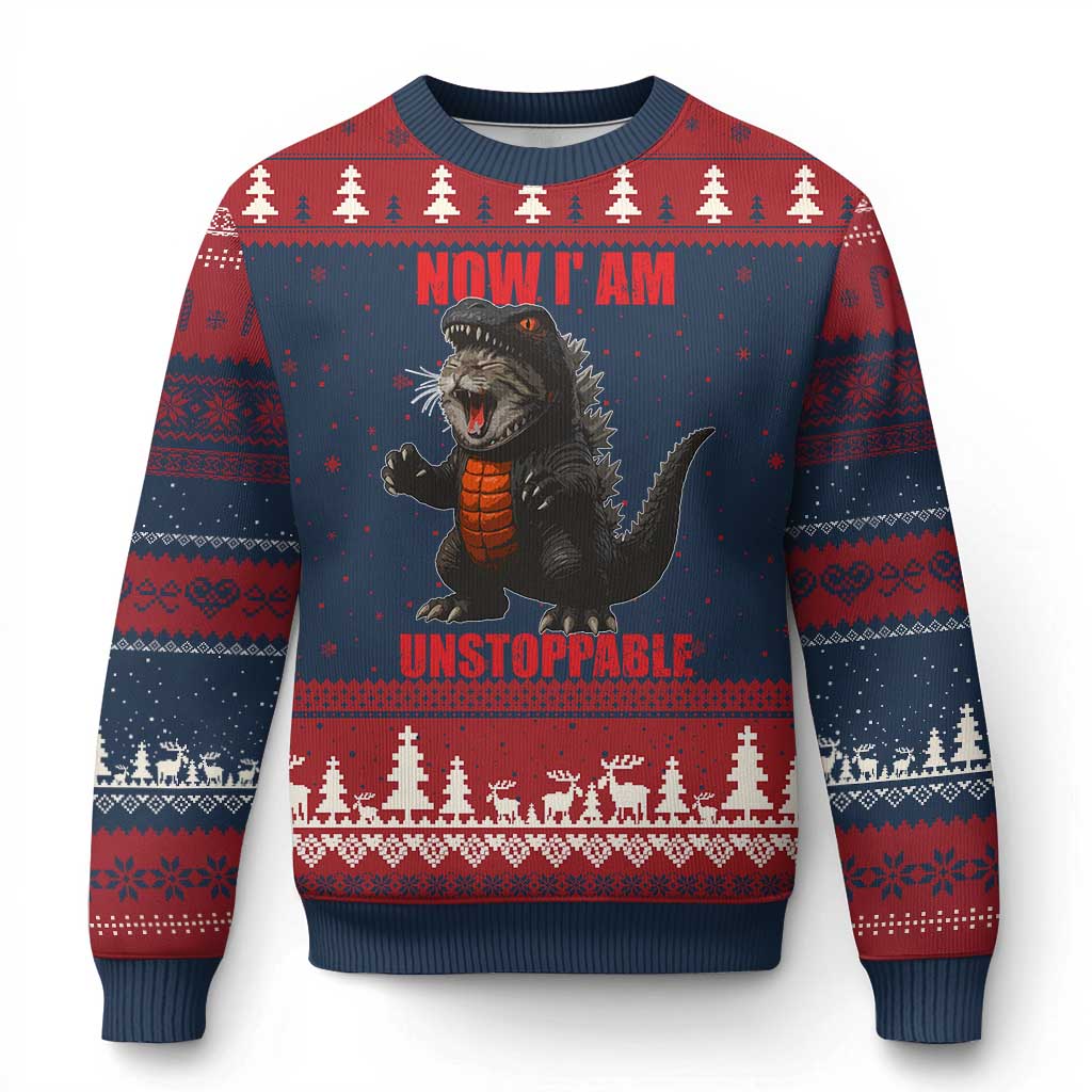 Now I Am Unstoppable Ugly Christmas Sweater Funny Cat Japanese Anime Kawaii TS14 Navy Red Print Your Wear