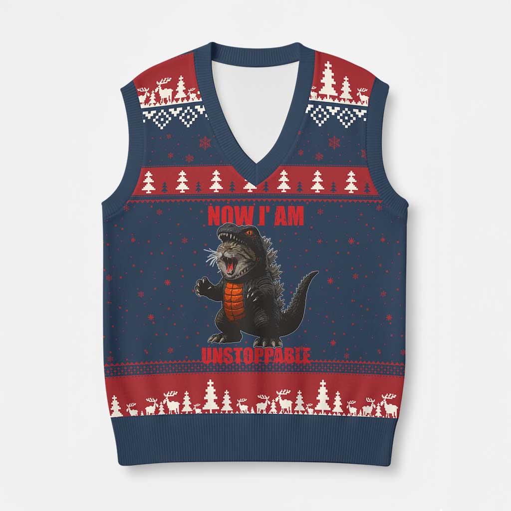 Now I Am Unstoppable V-Neck Knit Sweater Vest Funny Cat Japanese Anime Kawaii TS14 Navy Red Print Your Wear