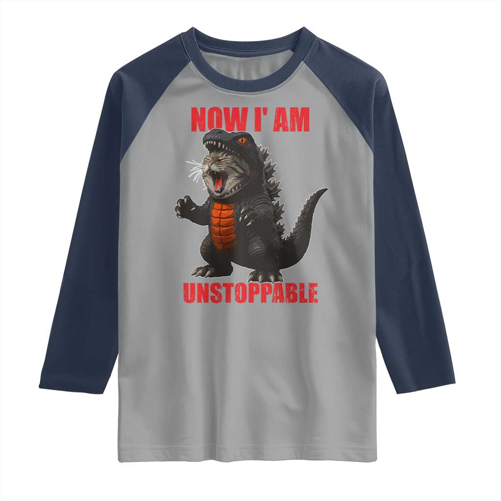 Now I Am Unstoppable Raglan Shirt Funny Cat Japanese Anime Kawaii TS14 Sport Gray Navy Print Your Wear