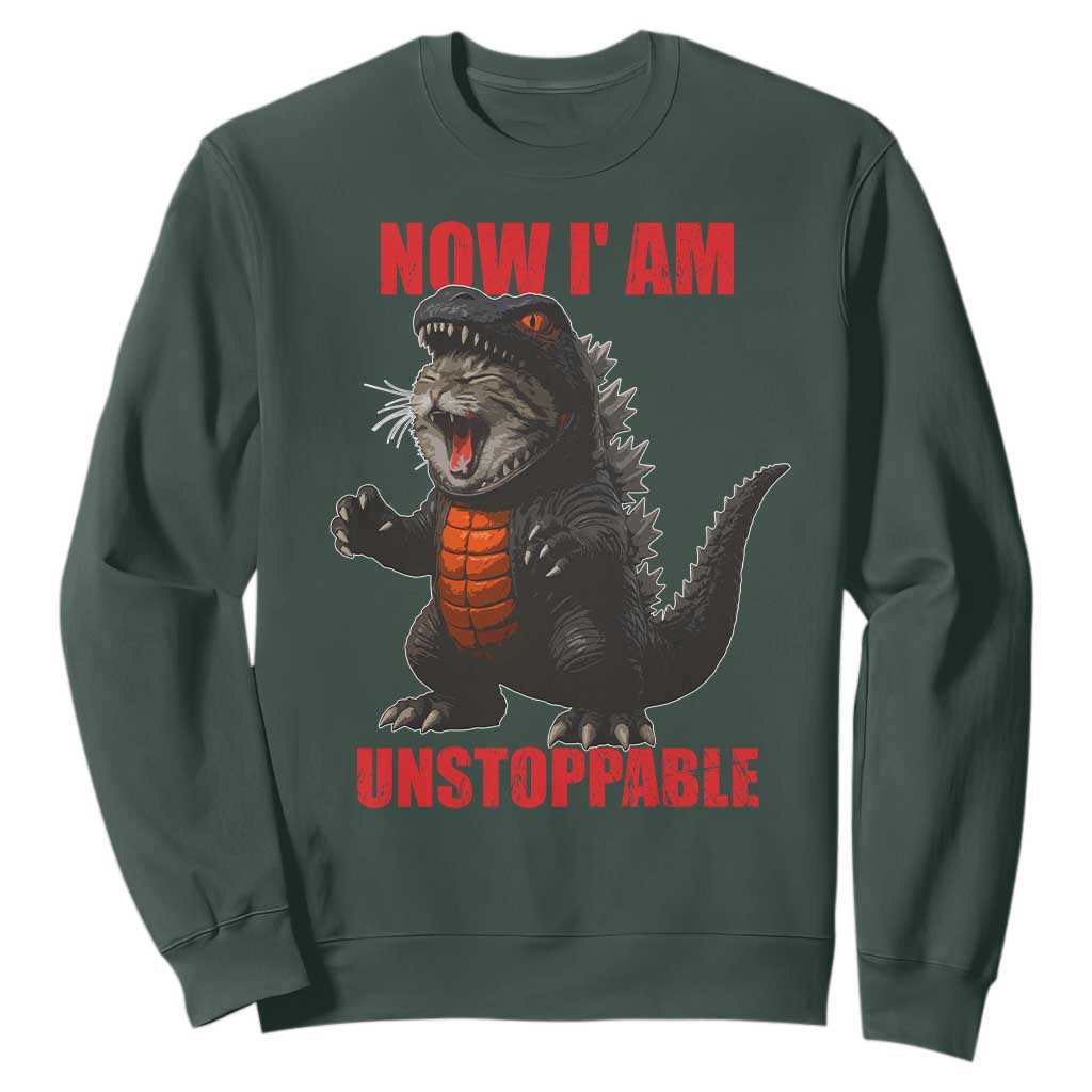 Now I Am Unstoppable Sweatshirt Funny Cat Japanese Anime Kawaii TS14 Dark Forest Green Print Your Wear