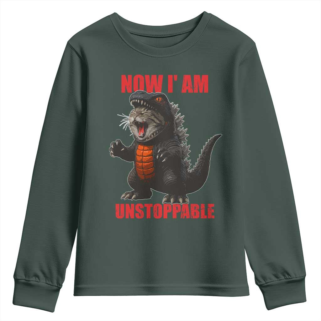 Now I Am Unstoppable Youth Sweatshirt Funny Cat Japanese Anime Kawaii TS14 Dark Forest Green Print Your Wear
