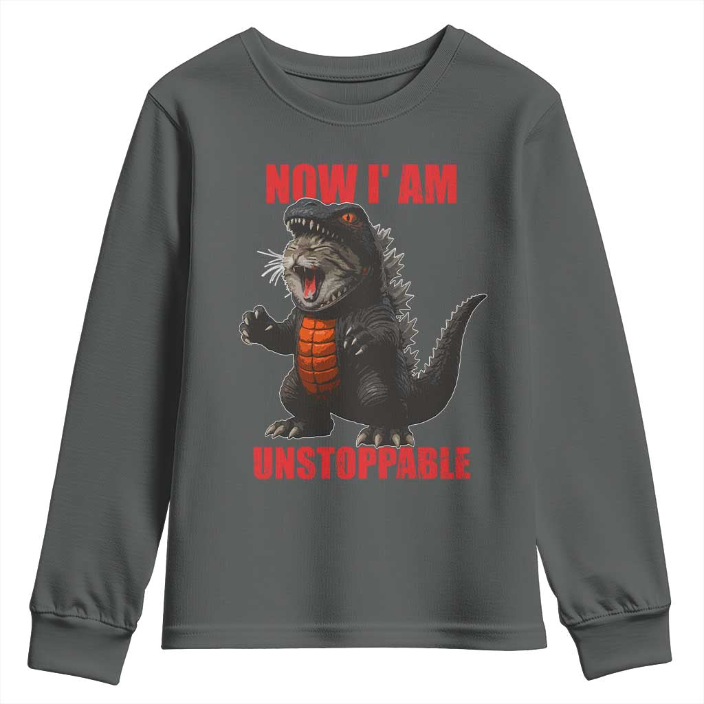 Now I Am Unstoppable Youth Sweatshirt Funny Cat Japanese Anime Kawaii TS14 Dark Heather Print Your Wear