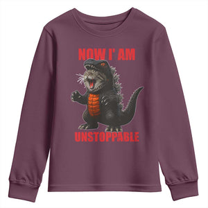 Now I Am Unstoppable Youth Sweatshirt Funny Cat Japanese Anime Kawaii TS14 Maroon Print Your Wear