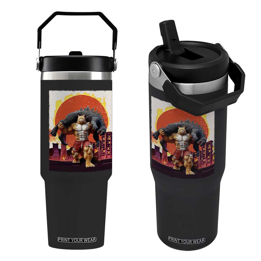 Japanese Kaiju Cat Cityscape Meme Flip Straw Tumbler TS14 One Size: 30 oz Black Print Your Wear