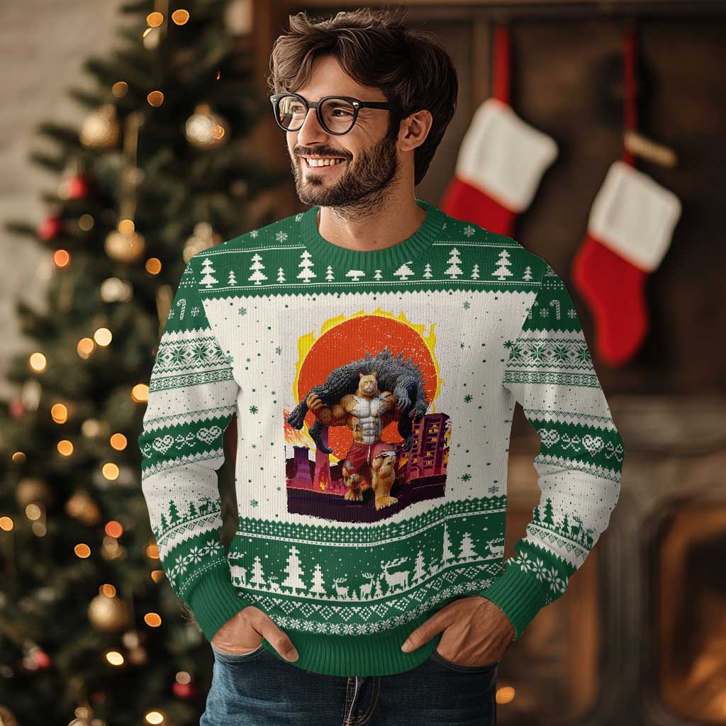 Japanese Kaiju Cat Cityscape Meme Ugly Christmas Sweater TS14 Beige Green Print Your Wear