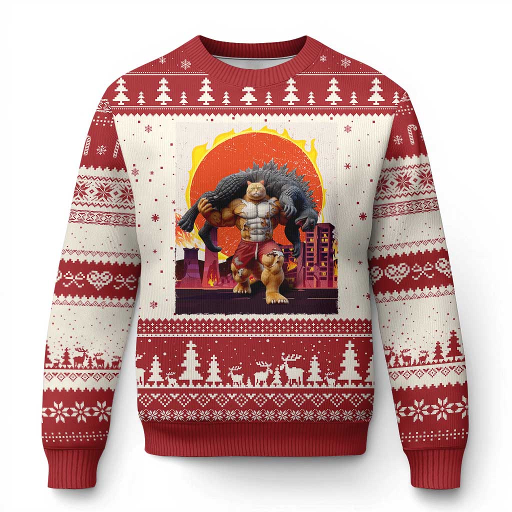 Japanese Kaiju Cat Cityscape Meme Ugly Christmas Sweater TS14 Beige Red Print Your Wear