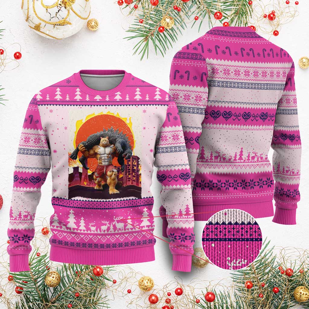 Japanese Kaiju Cat Cityscape Meme Ugly Christmas Sweater TS14 Hot Pink Print Your Wear
