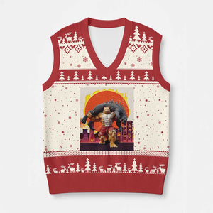 Japanese Kaiju Cat Cityscape Meme V-Neck Knit Sweater Vest TS14 Beige Red Print Your Wear