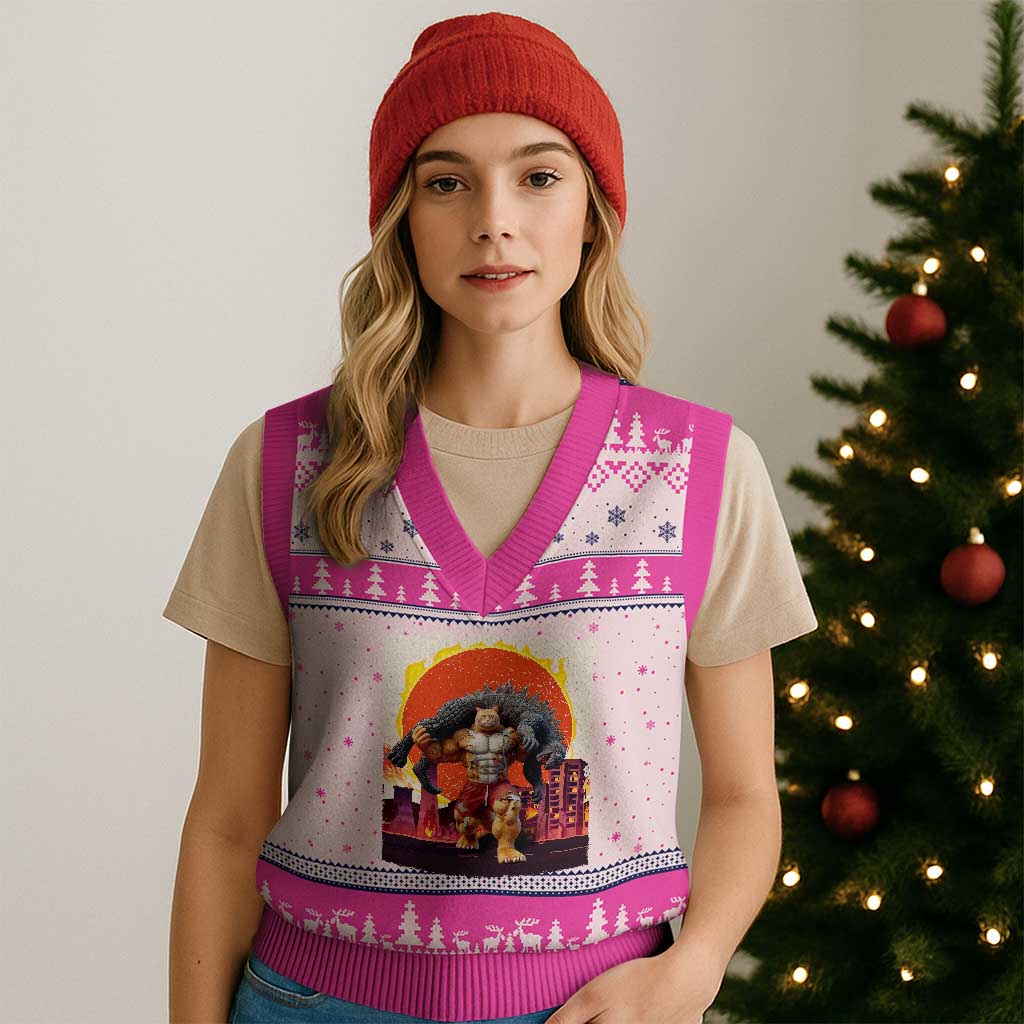 Japanese Kaiju Cat Cityscape Meme V-Neck Knit Sweater Vest TS14 Hot Pink Print Your Wear