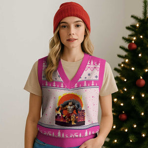 Japanese Kaiju Cat Cityscape Meme V-Neck Knit Sweater Vest TS14 Hot Pink Print Your Wear