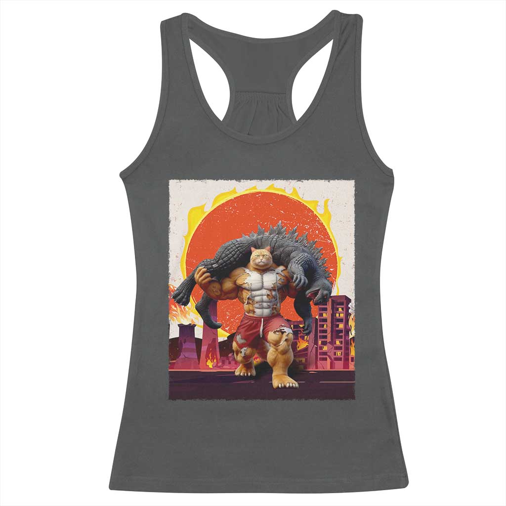 Japanese Kaiju Cat Cityscape Meme Racerback Tank Top TS14 Dark Heather Print Your Wear