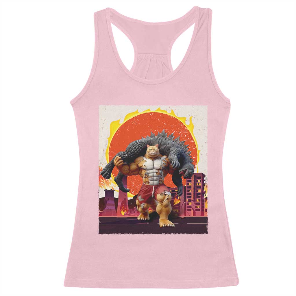 Japanese Kaiju Cat Cityscape Meme Racerback Tank Top TS14 Light Pink Print Your Wear