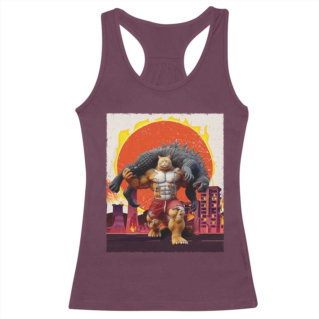 Japanese Kaiju Cat Cityscape Meme Racerback Tank Top TS14 Maroon Print Your Wear