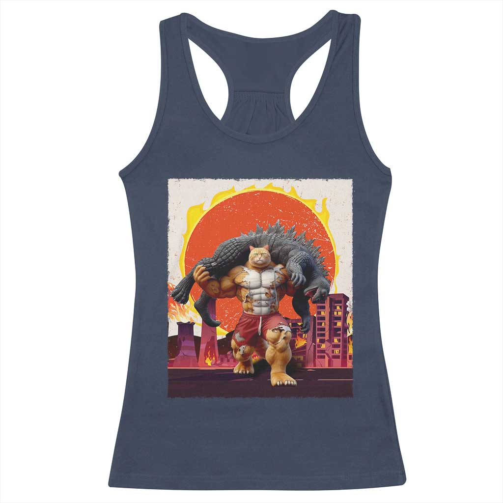 Japanese Kaiju Cat Cityscape Meme Racerback Tank Top TS14 Navy Print Your Wear