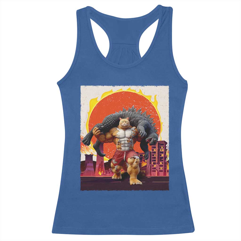 Japanese Kaiju Cat Cityscape Meme Racerback Tank Top TS14 Royal Blue Print Your Wear
